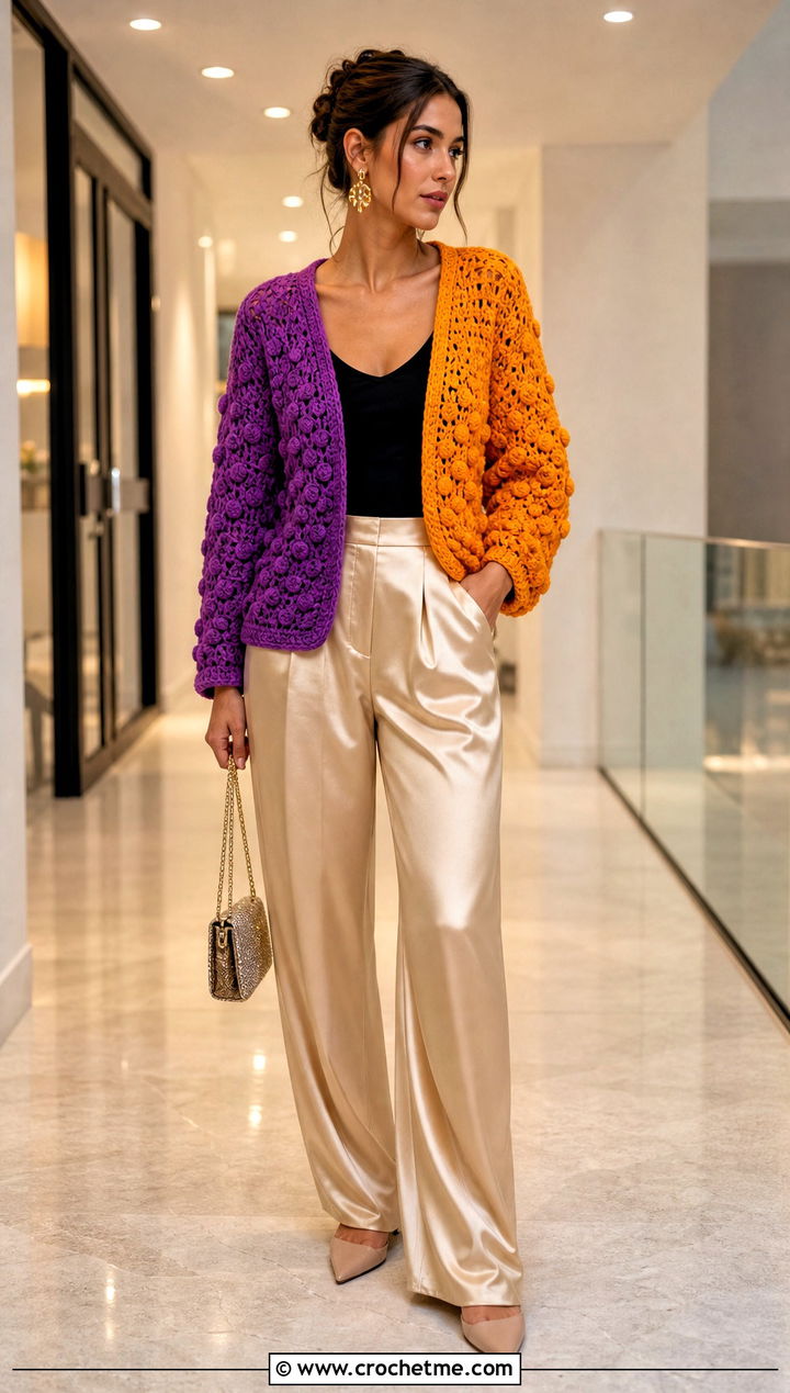 Textured Half And Half Crochet Cardigan With Satin Pants - 20 Half And Half Crochet Cardigan outfit ideas