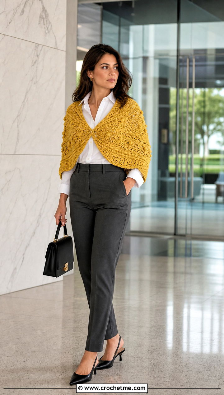 Textured Half Moon Crochet Shawl With Tailored Trousers - 15 Crochet Moon Shawl outfit ideas
