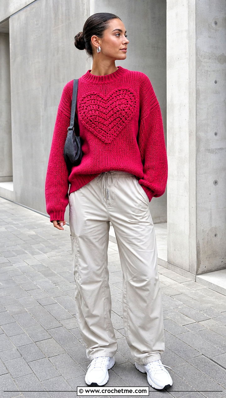 Textured Heart Pullover Jumper With Parachute Pants - 30 crochet heart jumper outfit ideas
