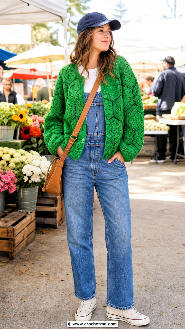 Textured Hexagon Crochet Cardigan With Denim Overalls - 35 hexagon crochet cardigan outfit ideas