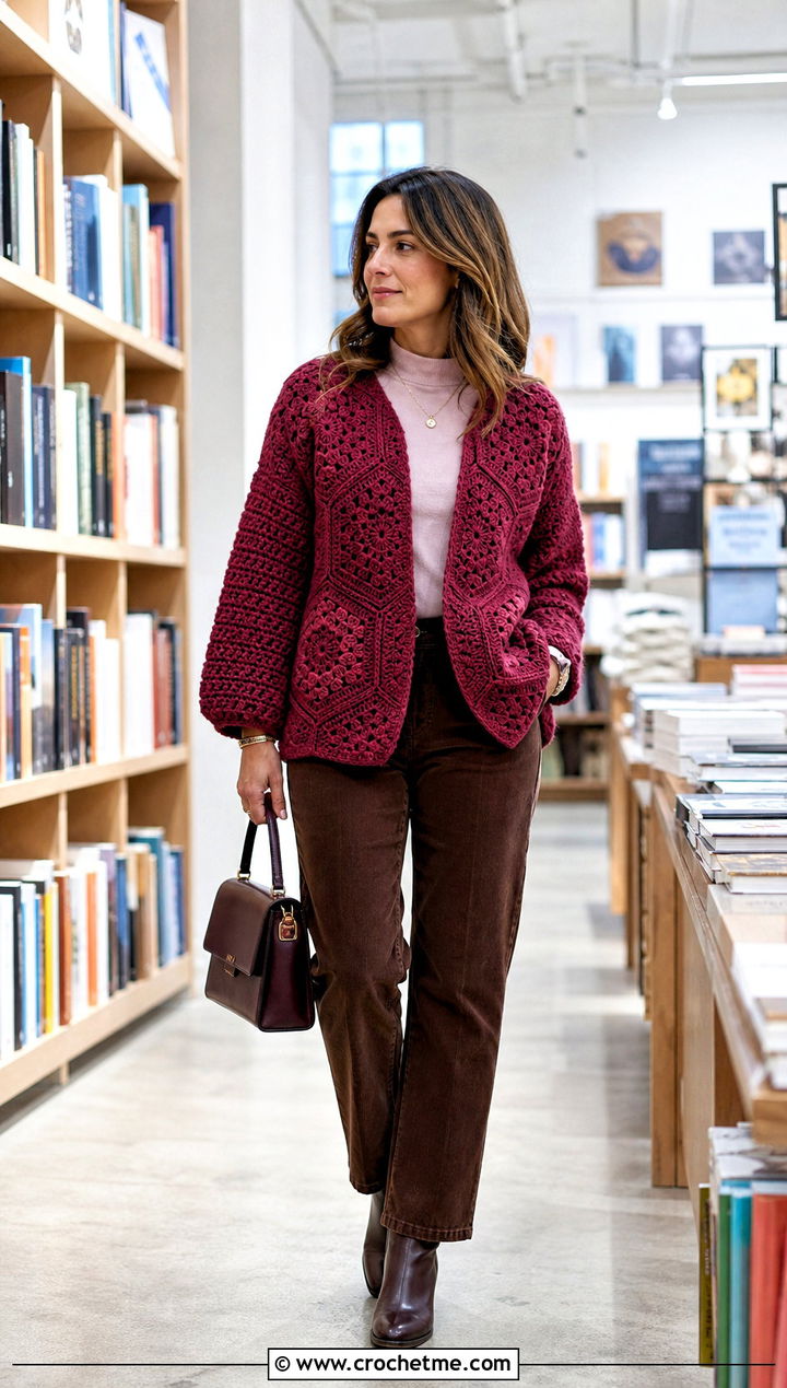 Textured Hexi Crochet Cardigan With Corduroy Pants - 35 hexi crochet cardigan outfit ideas