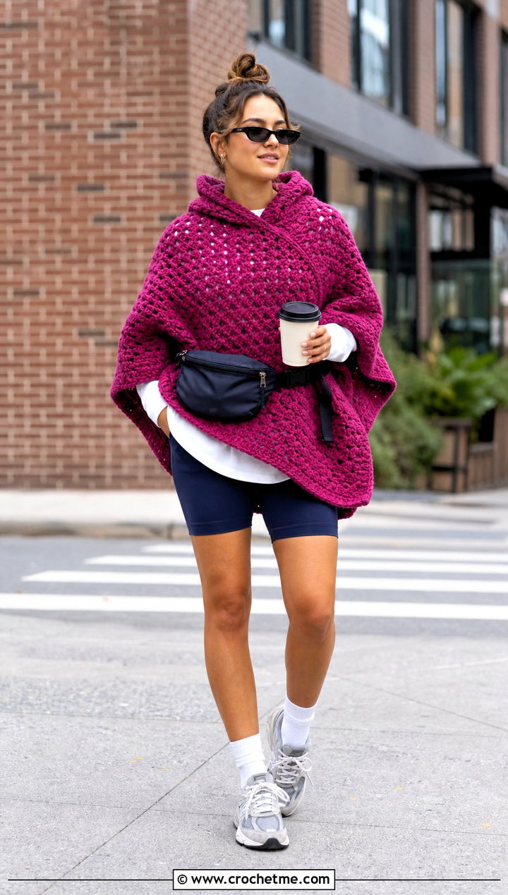 Textured Hooded Poncho With Bike Shorts - 35 Crochet Hooded Poncho outfit ideas