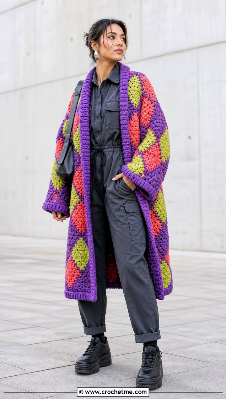 Textured Howl Crochet Coat With Utility Jumpsuit - 25 howl crochet coat outfit ideas