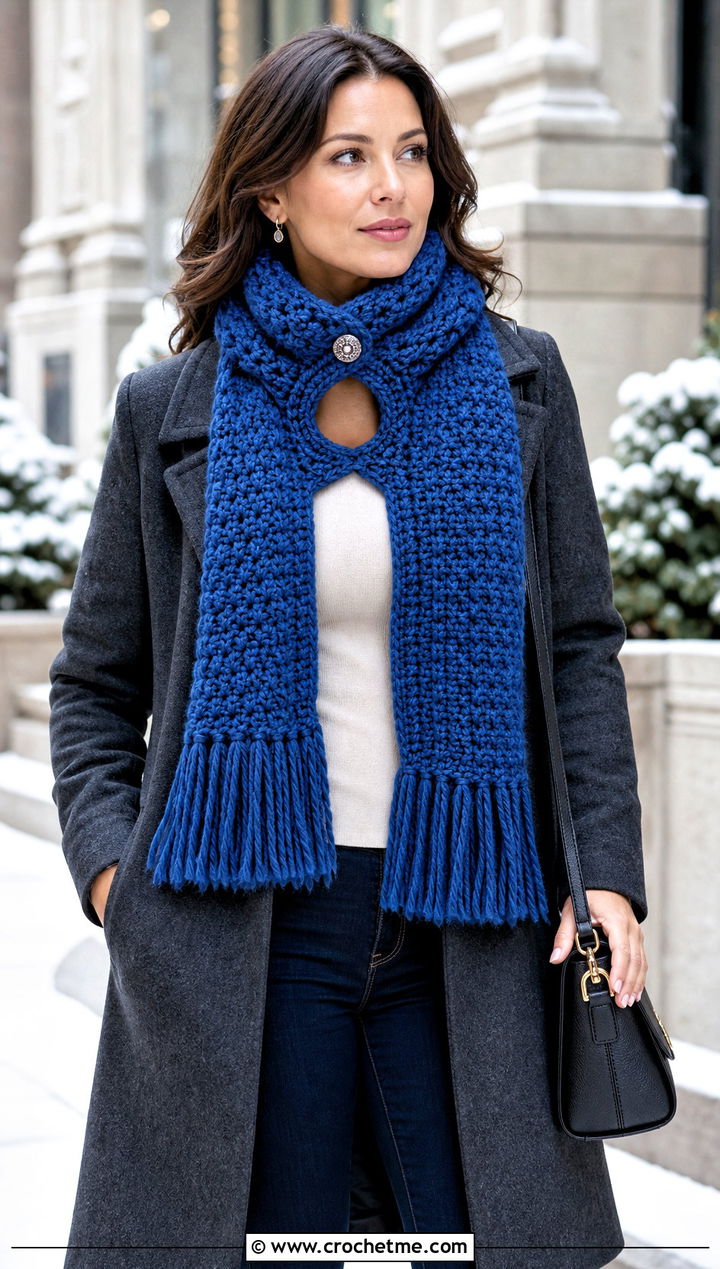 Textured Keyhole Winter Wishes Crochet Scarf With Wool Coat - 15 Winter Wishes Crochet Scarf outfit ideas