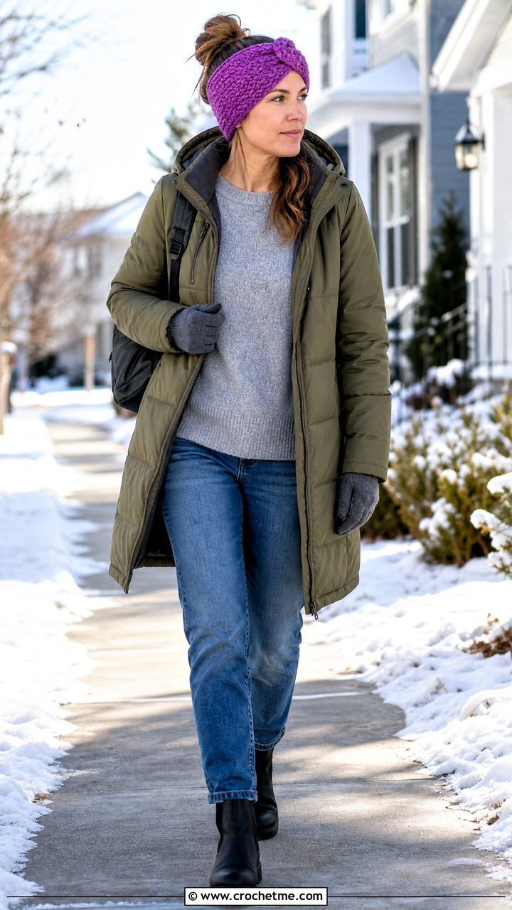 Textured Knot Crochet Earwarmer With Parka And Jeans - 35 crochet earwarmer outfit ideas