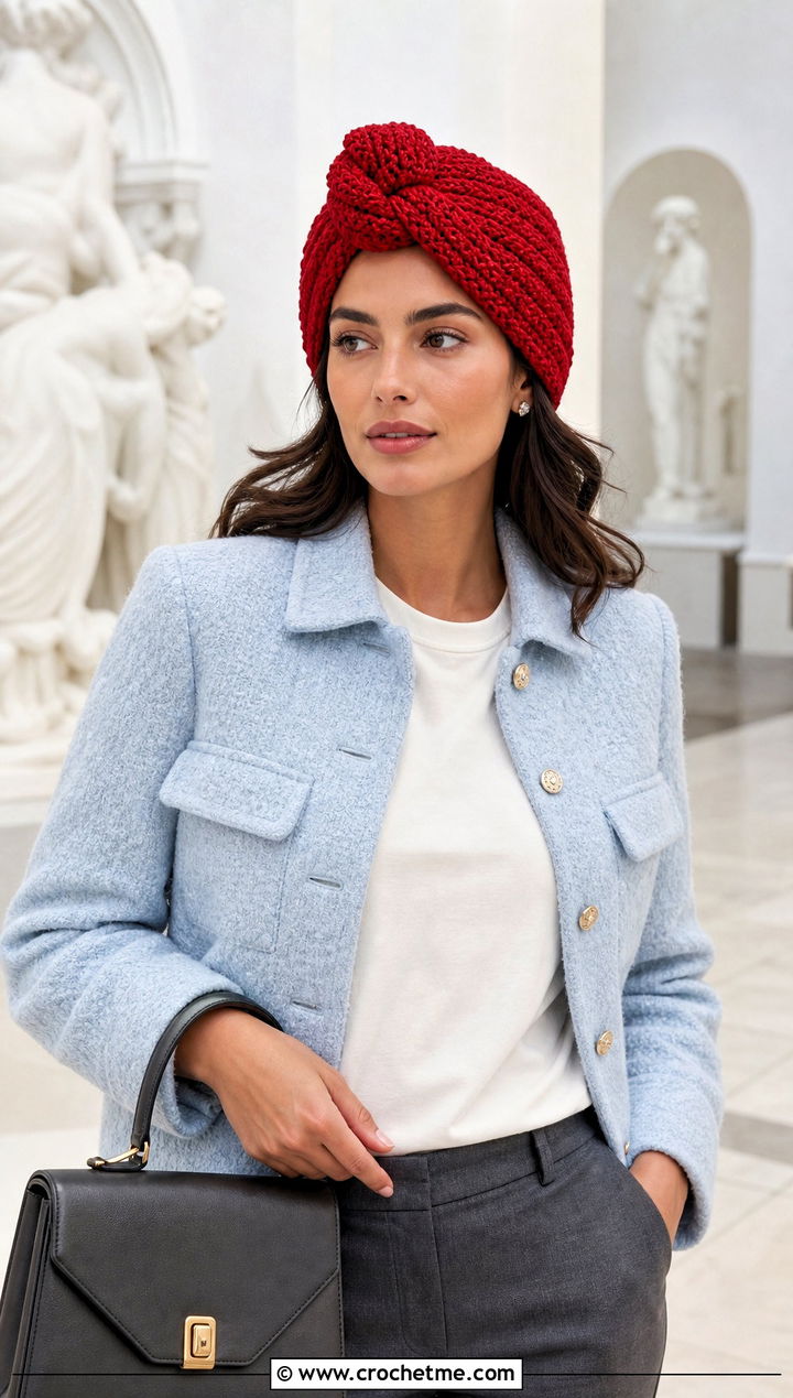 Textured Knot Head Wrap With Boucle Jacket - 30 crochet head wrap outfit ideas