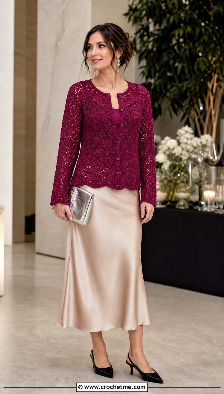 Textured Lace Tunisian Cardigan With Satin Slip Skirt - 20 Crochet Tunisian Cardigan outfit ideas