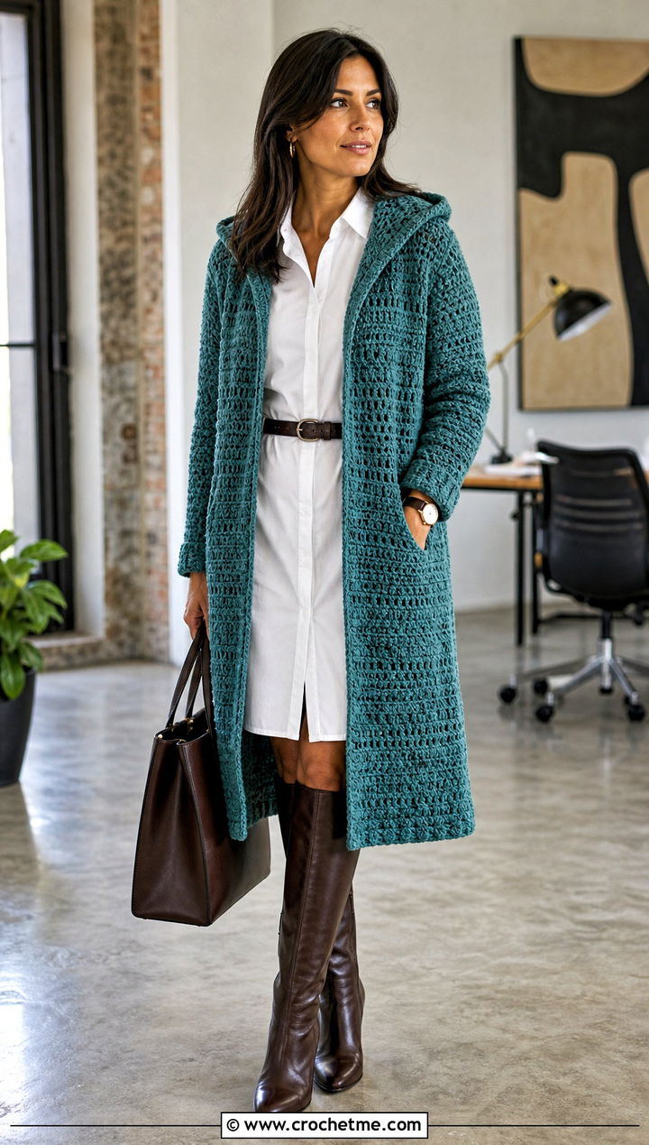 Textured Long Hooded Cardigan With Shirt Dress - 25 crochet long hooded cardigan outfit ideas
