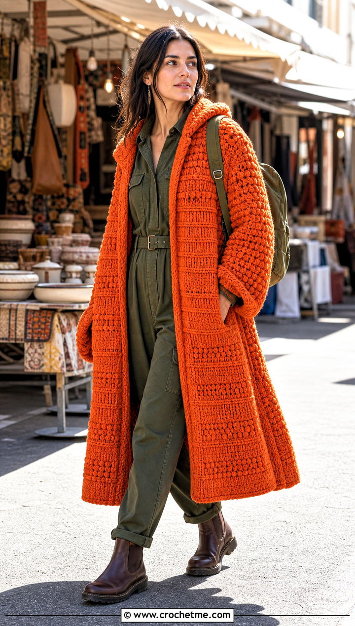 Textured Long Hooded Crochet Cape With Utility Jumpsuit - 25 Long Hooded Crochet Cape outfit ideas