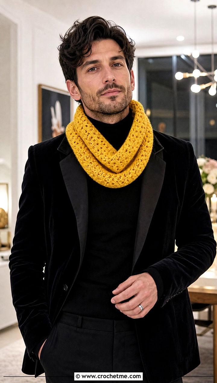 Textured Loop Crochet Cowl With Evening Separates - 25 Men Crochet Cowl outfit ideas
