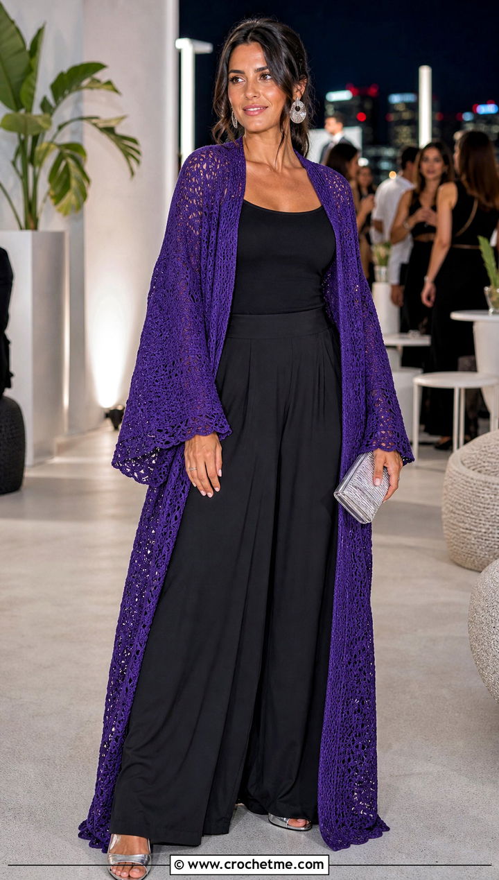 Textured Maxi Crocheted Kimono With Evening Separates - 25 Crocheted Kimono outfit ideas