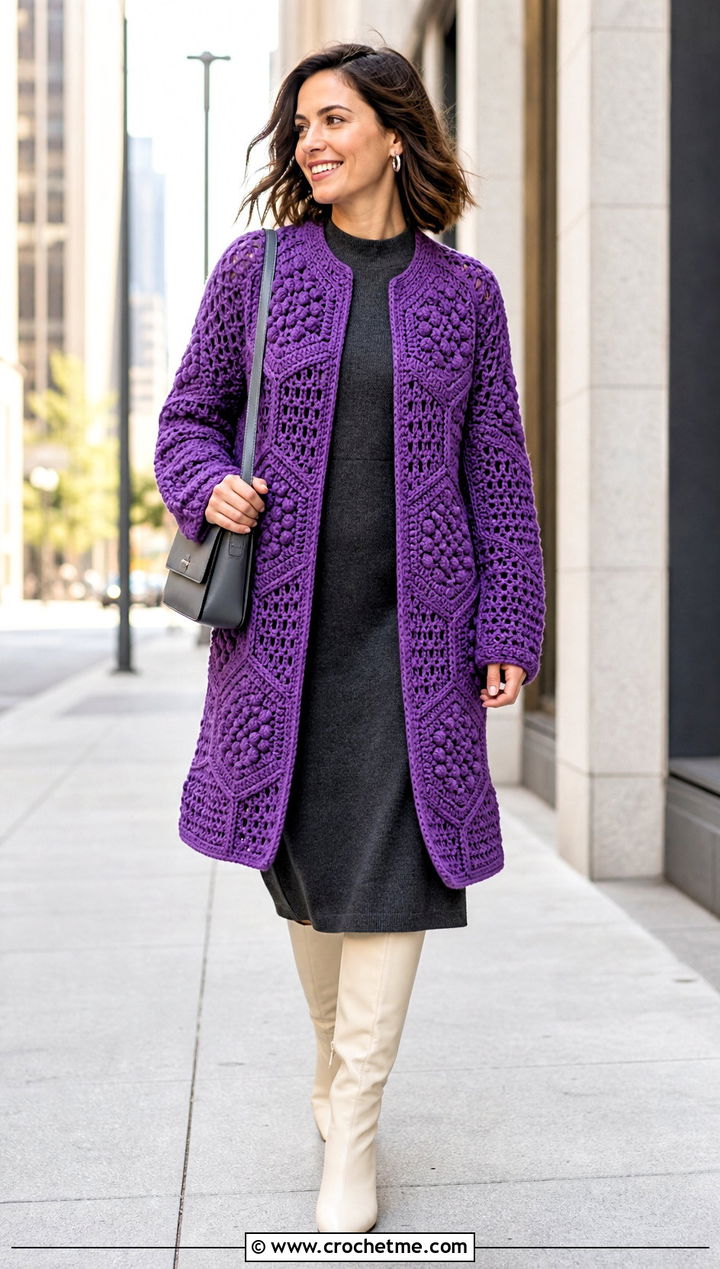 Textured Mixed Stitch Hex Crochet Cardigan With Knit Dress - 35 hex crochet cardigan outfit ideas
