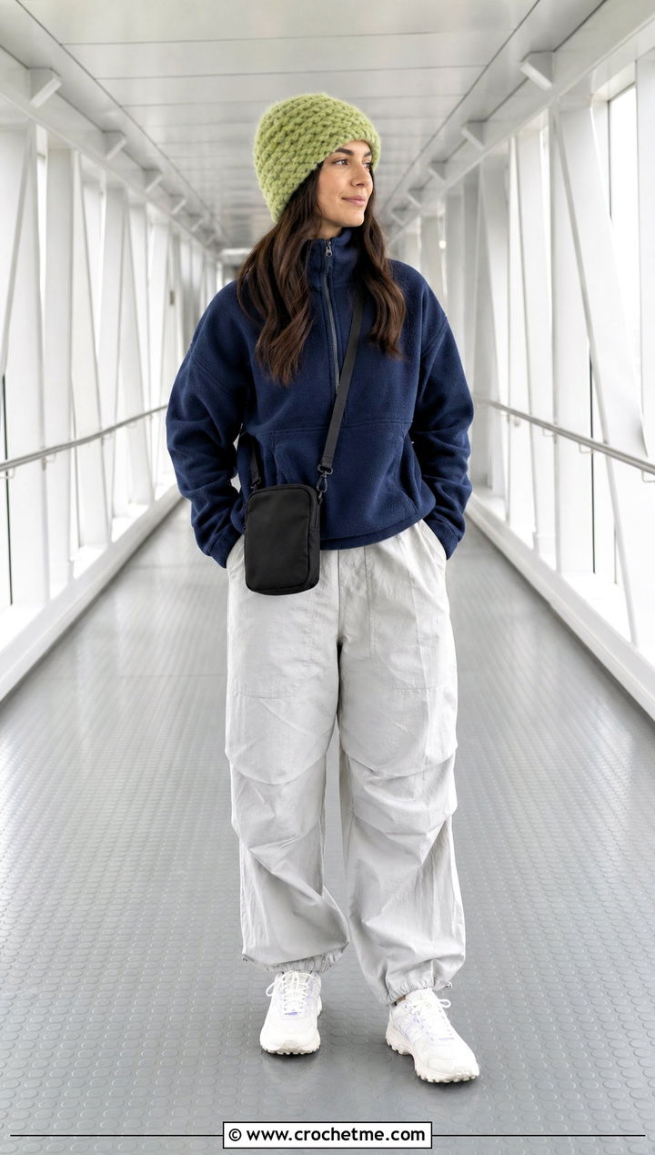 Textured Mohair Crochet Beanie With Fleece And Parachute Pants - 35 mohair crochet beanie outfit ideas
