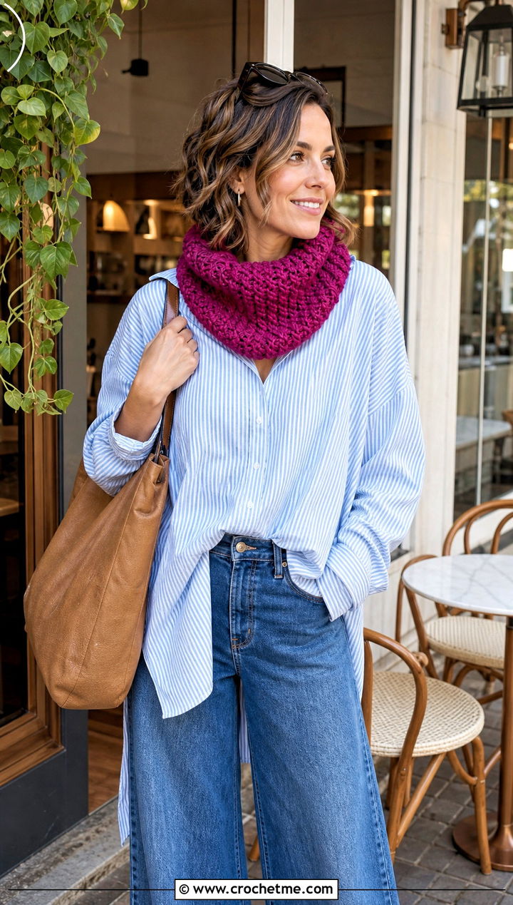 Textured Neck Warmer Crochet Cowl With Shirt And Jeans - 15 1 Skein Crochet Cowl outfit ideas