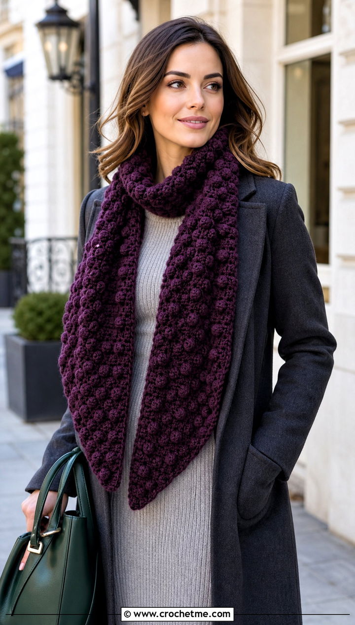 Textured One Ball Crochet Scarf With Sweater Dress - 15 one ball crochet scarf outfit ideas