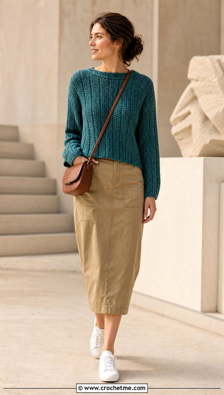 Textured One Panel Crochet Sweater With Utility Midi Skirt - 30 One Panel Crochet Sweater outfit ideas