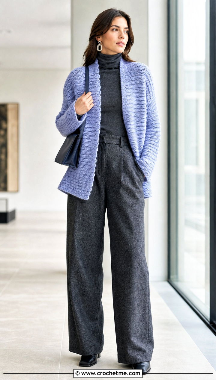 Textured One Piece Rectangle Cardigan With Wool Trousers - 15 Crochet Rectangle Cardigan outfit ideas