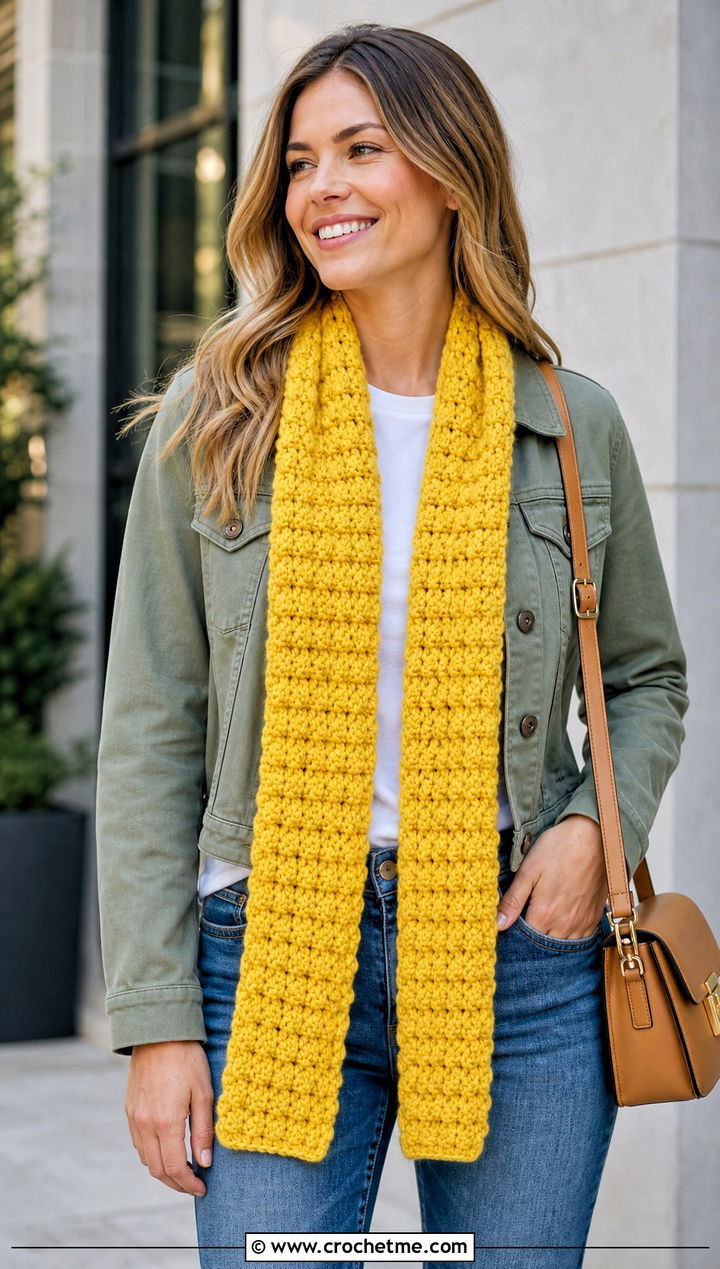 Textured One Row Repeat Crochet Scarf With Jeans - 20 one row repeat crochet scarf outfit ideas