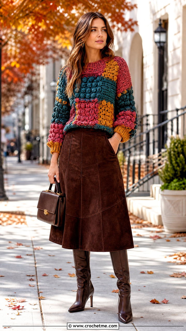 Textured Patchwork Crochet Sweater With Suede Skirt - 35 patchwork crochet sweater outfit ideas