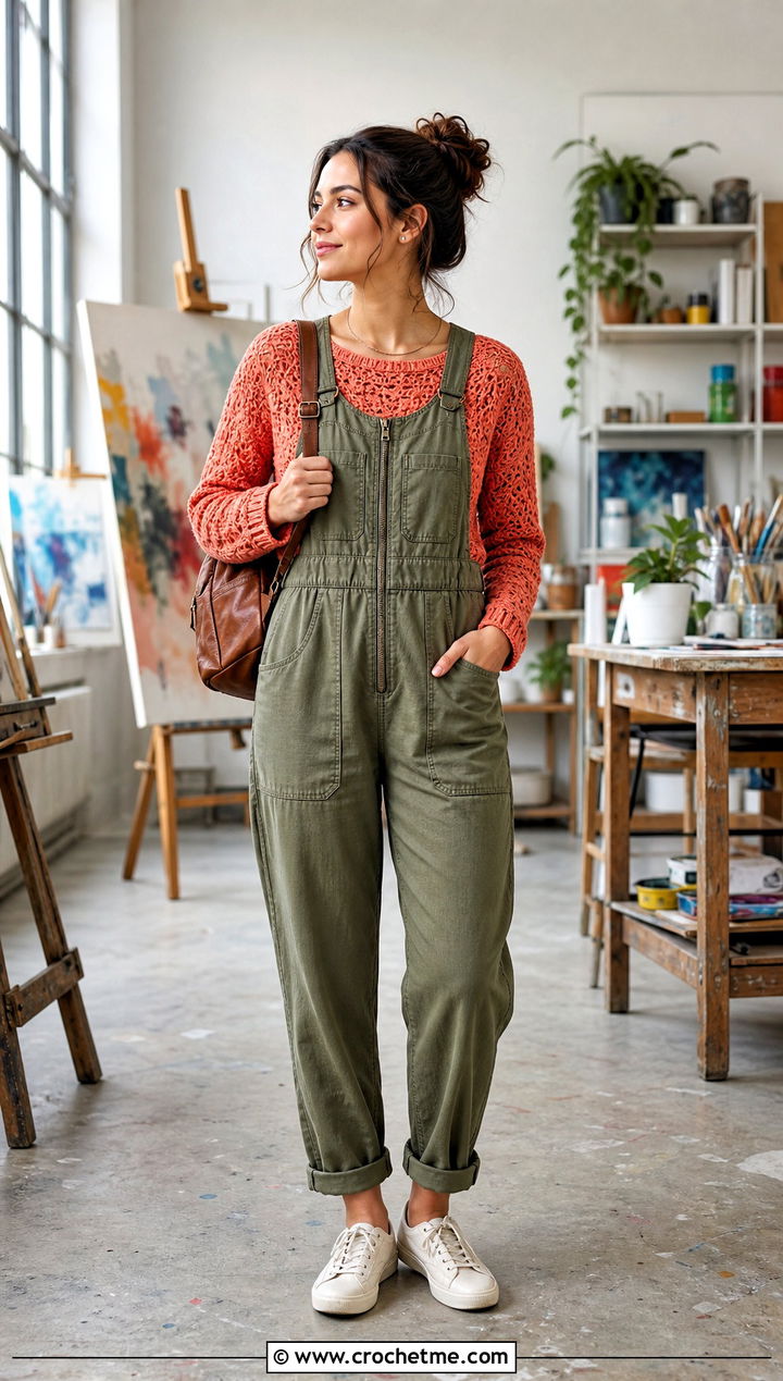 Textured Pixie Crochet Sweater With Utility Jumpsuit - 20 Pixie Crochet Sweater outfit ideas