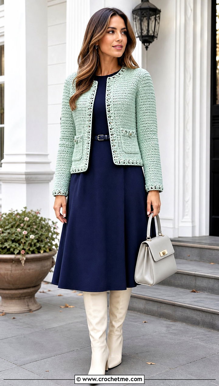 Textured Pocket Chanel Crochet Cardigan With A Line Dress - 20 Chanel Crochet Cardigan outfit ideas
