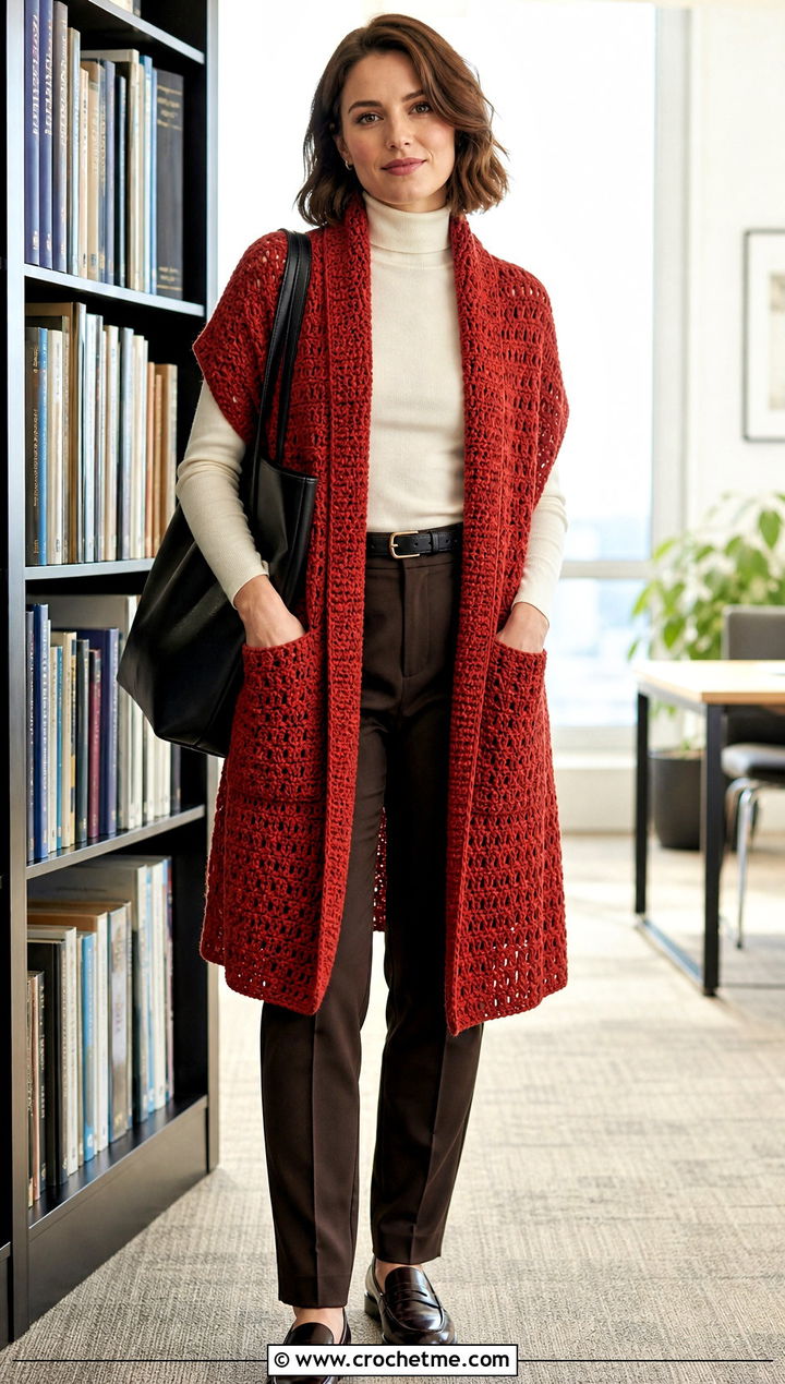 Textured Pocket Crochet Shawl With Turtleneck And Trousers - 30 boho crochet shawl outfit ideas