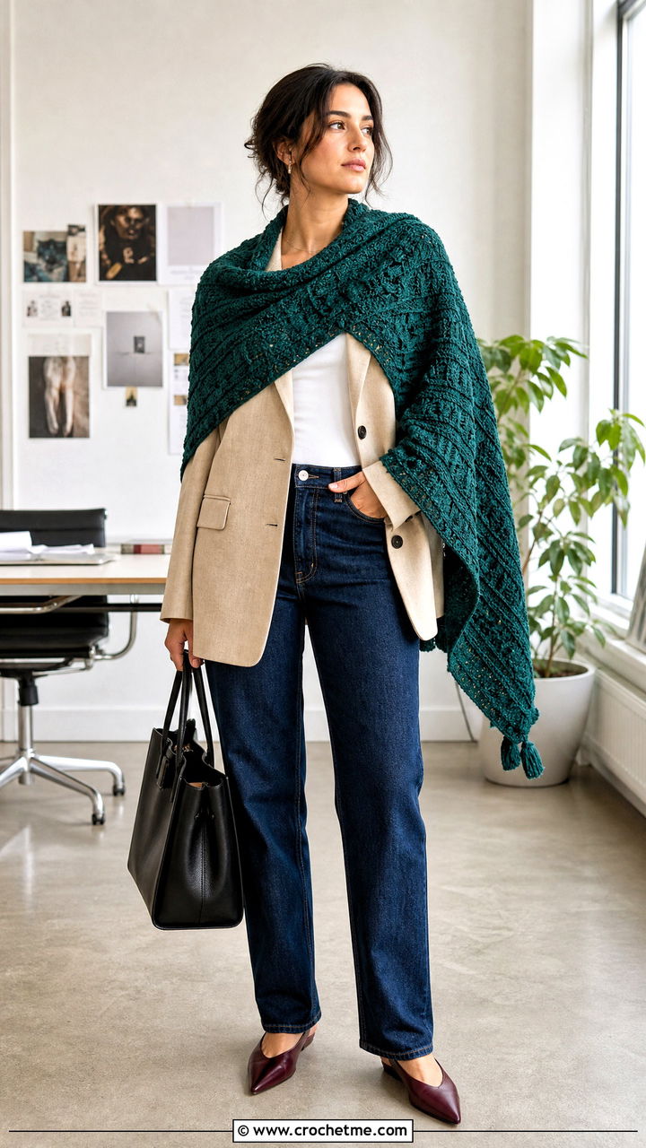 Textured Prayer Shawl With Blazer And Jeans - 35 crochet prayer shawl outfit ideas