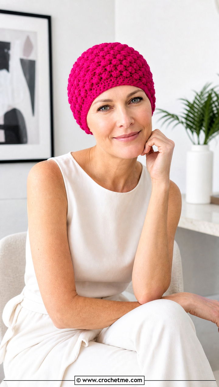 Textured Puff Stitch Crochet Chemo Cap With Monochrome Outfit - 20 Crochet Summer Chemo Caps outfit ideas