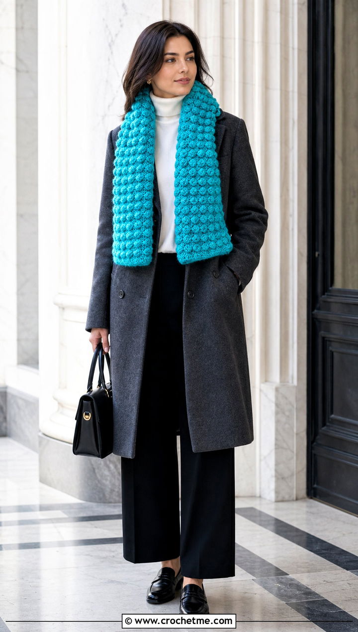 Textured Puff Stitch Crochet Scarf With Coat And Loafers - 35 small crochet scarf outfit ideas