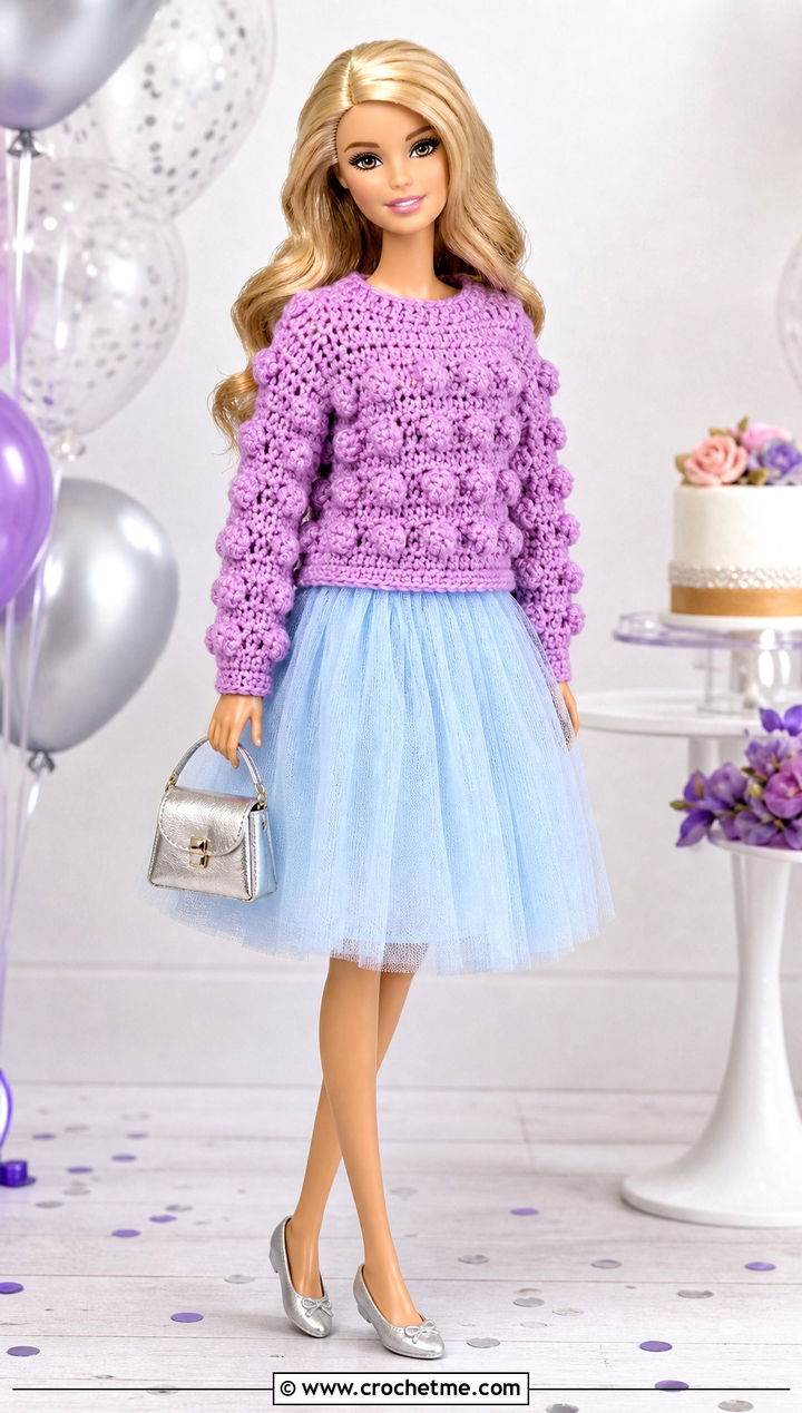 Textured Pullover Crochet Doll Sweater With Tulle Skirt - 20 Crochet Sweater For Dolls outfit ideas
