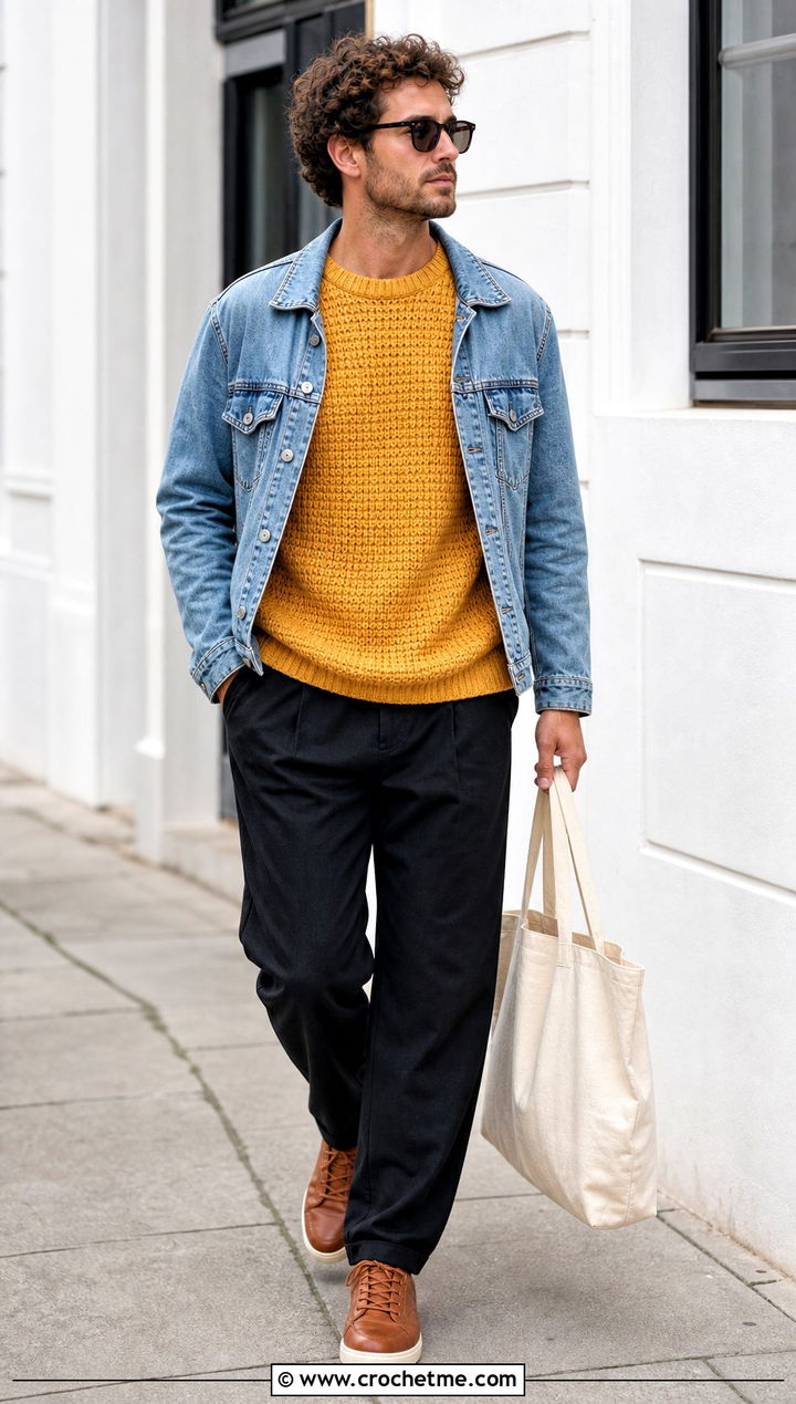 Textured Raglan Crochet Jumper With A Denim Jacket - 25 mens crochet jumper outfit ideas