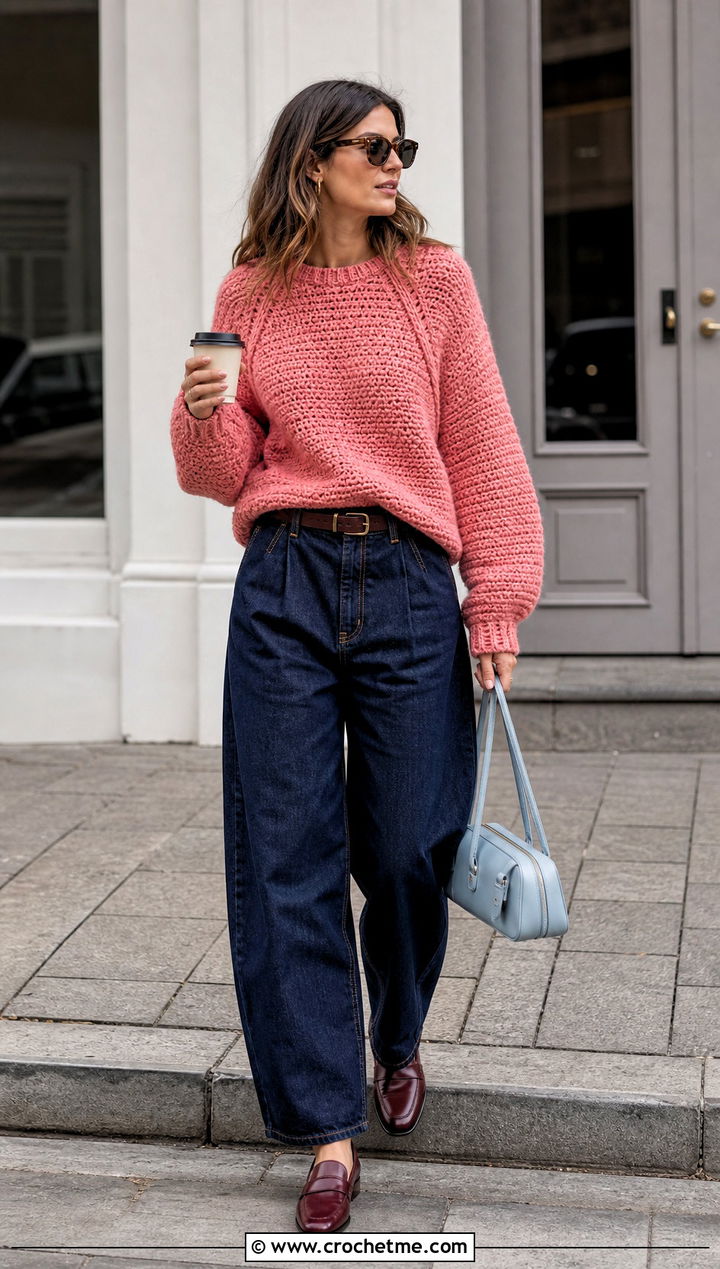 Textured Raglan Crochet Sweater With Barrel Jeans - 30 bulky yarn crochet sweater outfit ideas