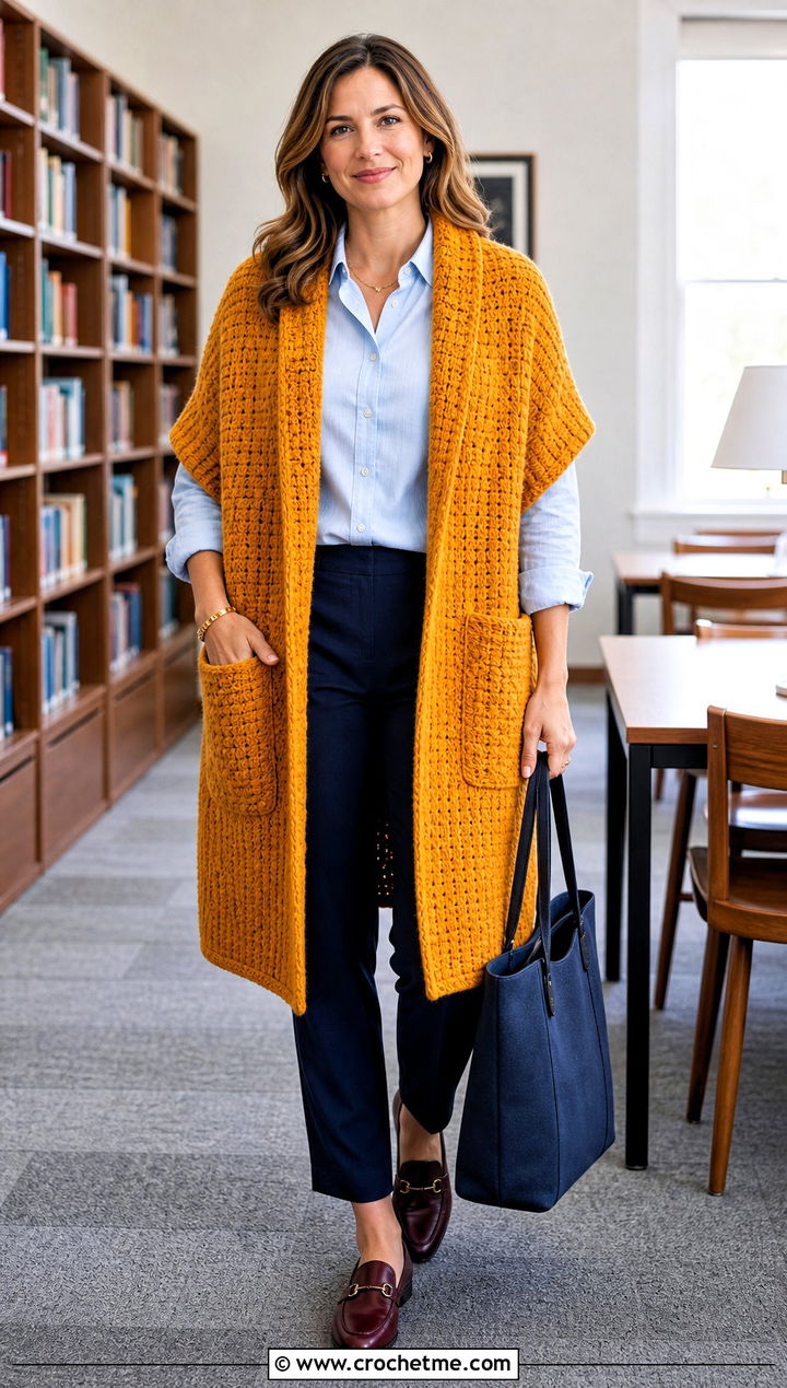 Textured Reader Wrap With Button Down Shirt - 35 crochet wrap with pockets outfit ideas