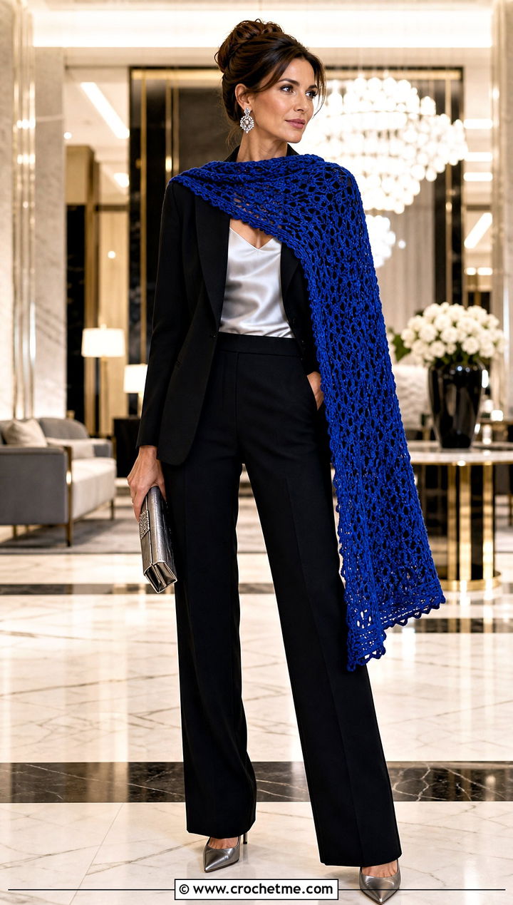 Textured Rectangular Crochet Wrap Shawl With Evening Suit - 35 crochet wrap shawl outfit ideas