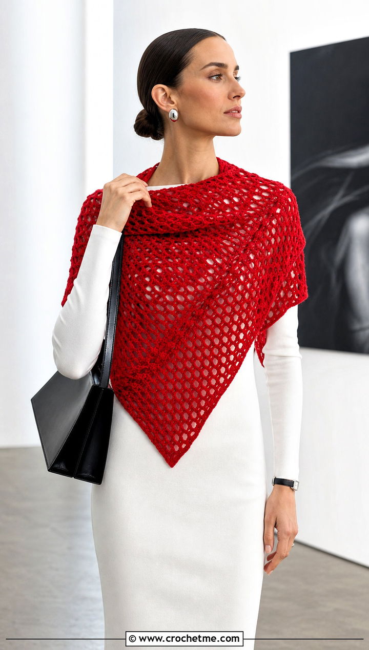 Textured Reversible Mesh Triangle Shawl With Minimalist Outfit - 30 Crochet Mesh Triangle Shawl outfit ideas