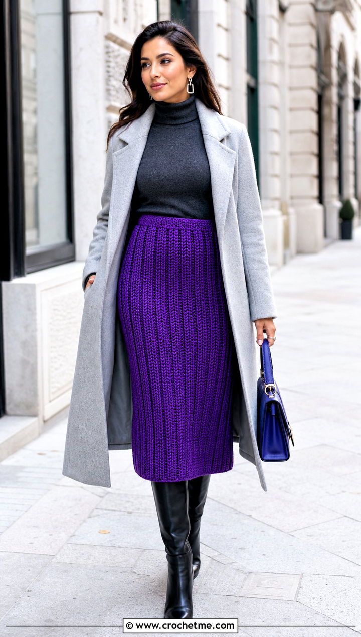 Textured Ribbed Crochet Barbie Skirt With Long Coat - 25 Crochet Barbie Skirt outfit ideas