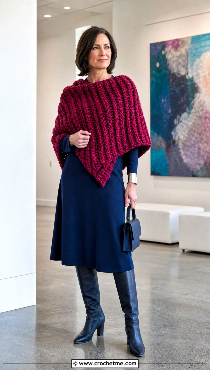 Textured Ribbed Shawl With Midi Dress - 15 Super Bulky Crochet Shawl outfit ideas
