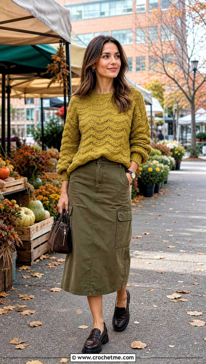 Textured Ripple Sweater With Utility Skirt - 30 crochet ripple sweater outfit ideas