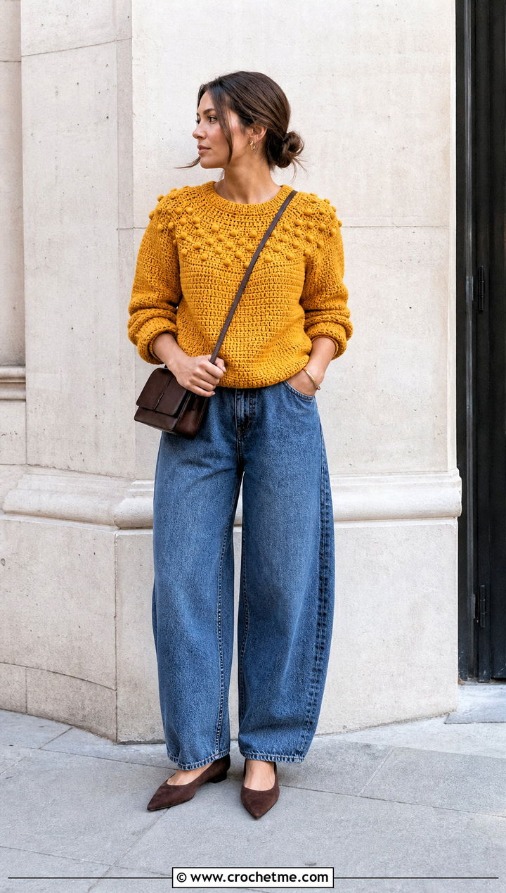 Textured Round Yoke Crochet Sweater With Barrel Jeans - 20 Round Yoke Crochet Sweater outfit ideas