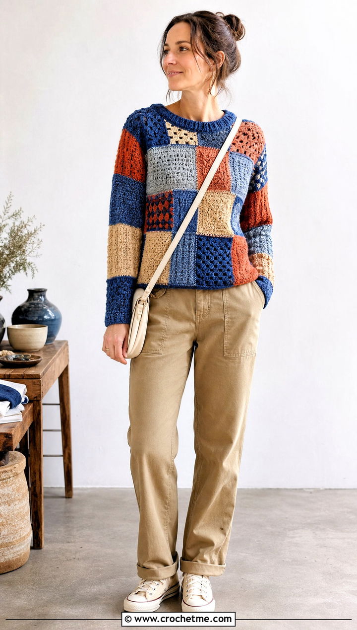 Textured Sampler Block Sweater With Utility Pants - 30 crochet block sweater outfit ideas