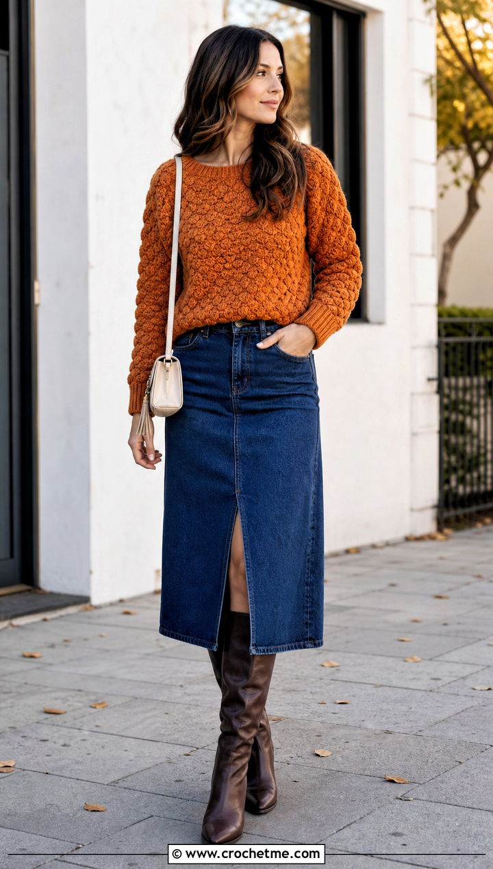 Textured Shell Stitch Crochet Sweater With Denim Midi Skirt - 25 Shell Stitch Crochet Sweater outfit ideas
