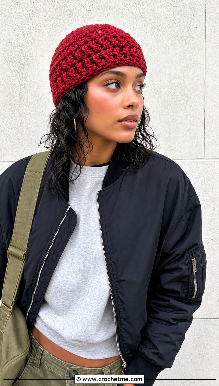 Textured Short Row Crochet Hat With Cargo Pants - 25 Crochet Short Rows Hat outfit ideas