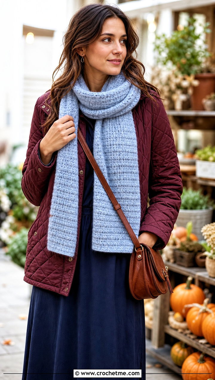 Textured Single Crochet Scarf With Quilted Jacket And Maxi Dress - 25 Single Crochet Scarf outfit ideas