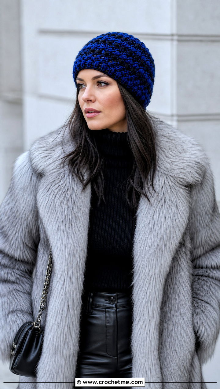 Textured Skull Cap Bulky Yarn Crochet Beanie With Faux Fur Coat - 30 bulky yarn crochet beanie outfit ideas