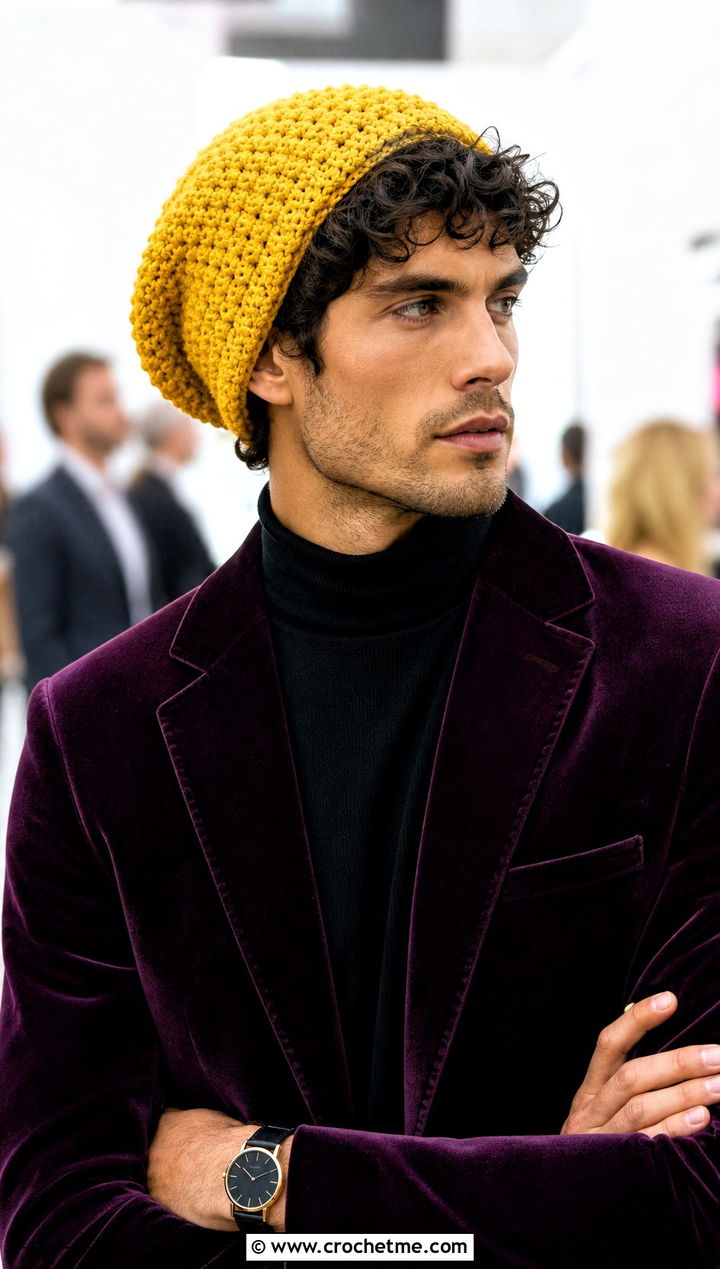 Textured Slouch Crochet Beanie With Velvet Blazer - 30 crochet man beanie outfit ideas