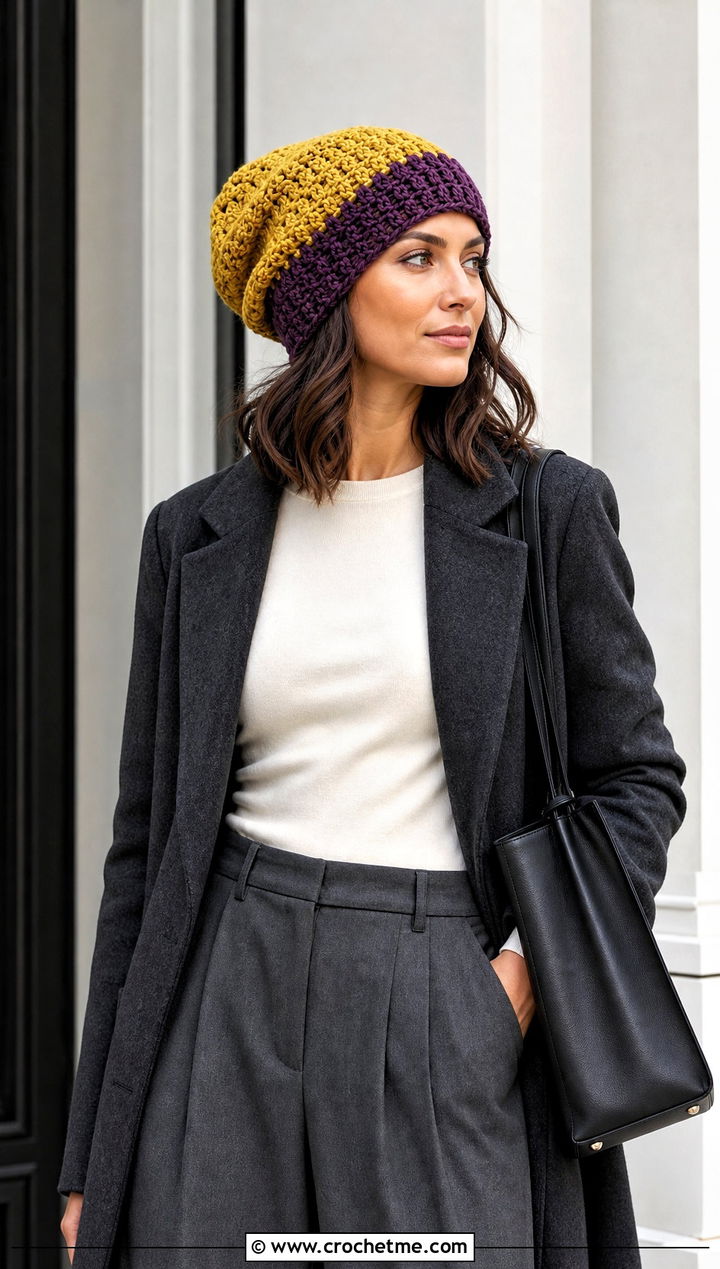 Textured Slouchy Reversible Crochet Beanie With Wide Leg Trousers - 15 Reversible Crochet Beanie outfit ideas
