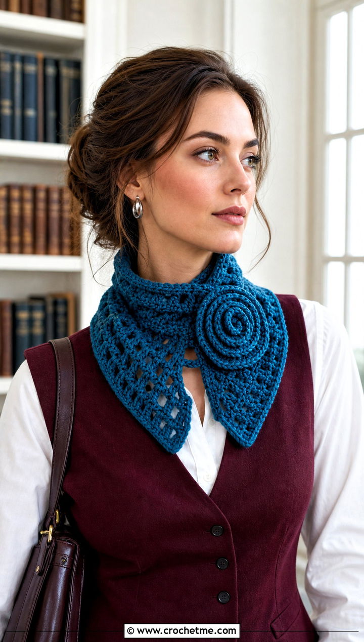 Textured Spiral Flower Keyhole Crochet Scarf With Vest And Shirt - 15 Key Hole Crochet Scarf outfit ideas