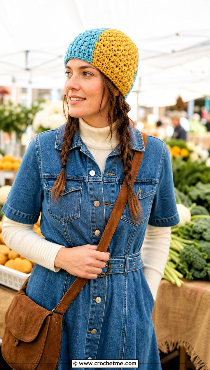 Textured Split Color Crochet Beanie With Denim Dress - 15 Split Color Crochet Beanie outfit ideas
