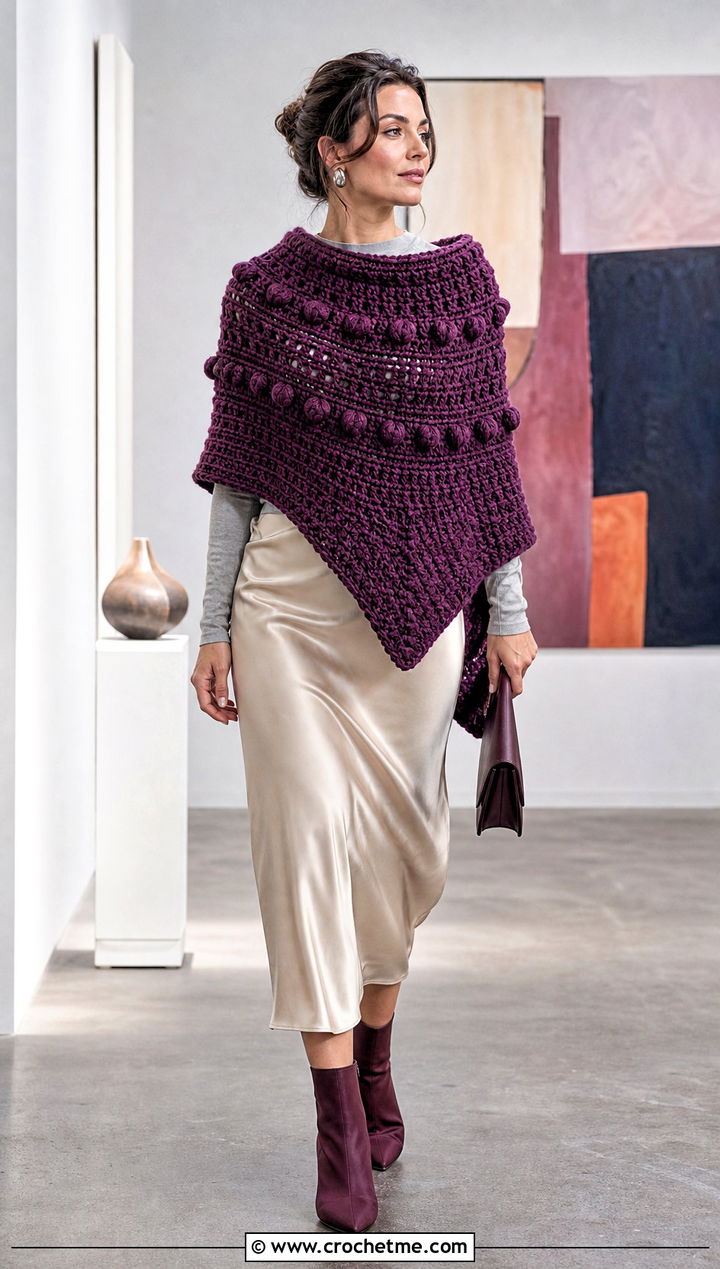 Textured Stitch Chunky Crochet Poncho With Satin Skirt - 25 Chunky Yarn Crochet Poncho outfit ideas