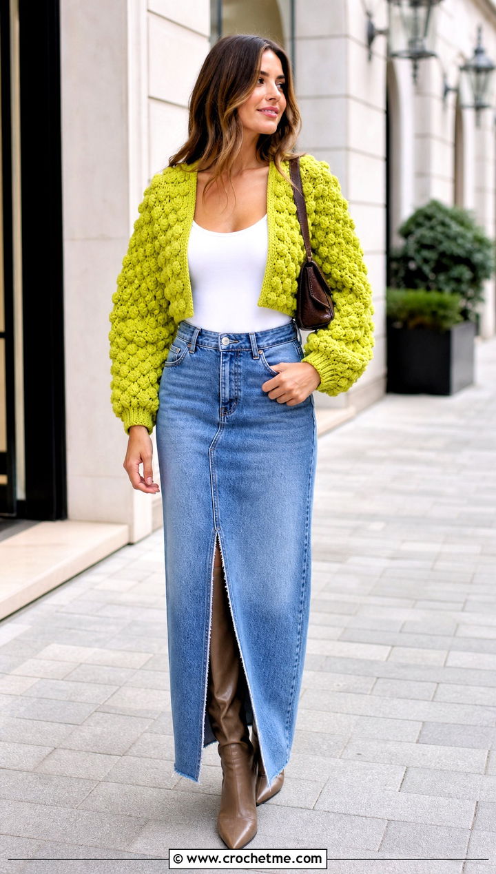 Textured Stitch Chunky Crochet Shrug With Denim Maxi Skirt - 25 Chunky Crochet Shrug outfit ideas